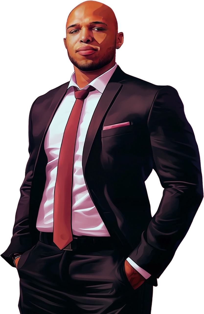 Illustrated portrait of Lamar Hale in a dark suit and red tie